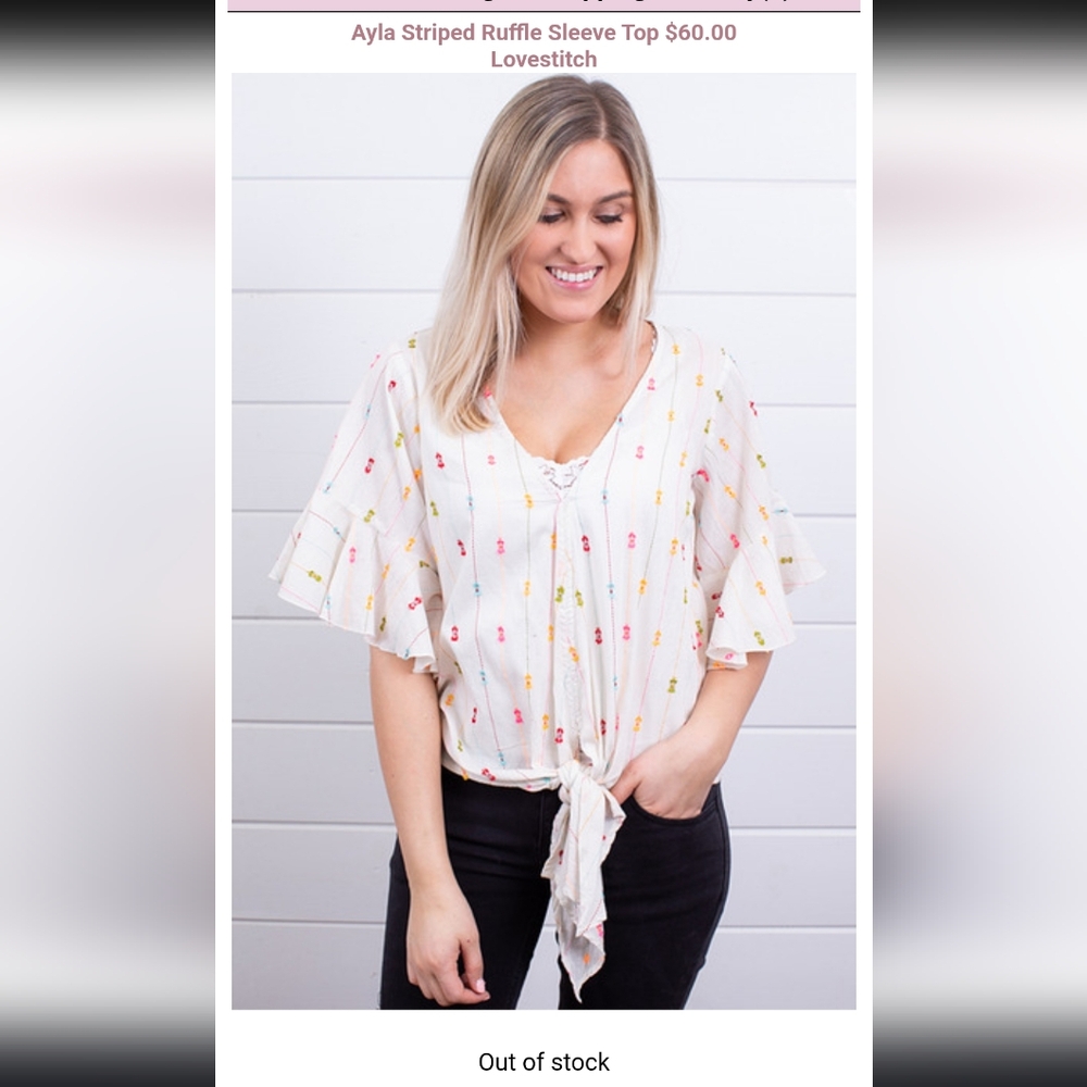 Womens Love stitch Alya Striped Ruffle Sleeve Cream Blouse Medium